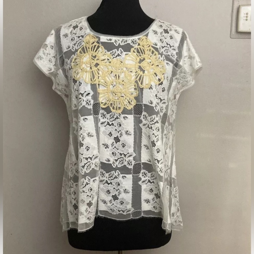 4-11 Anna Sui White lace Top Blouse Large FLAW